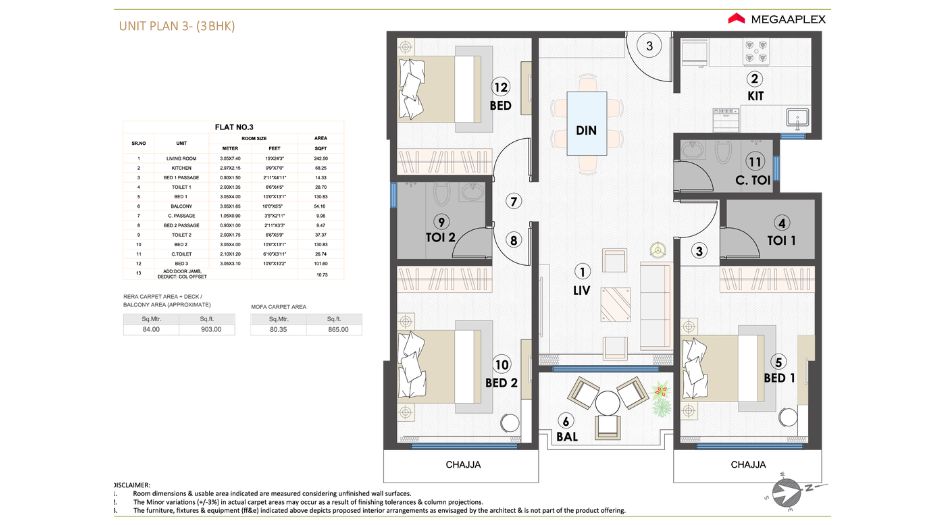 Megaaplex-Prime-Vista-Floor-Plan-3 BHK - 865 Sqft